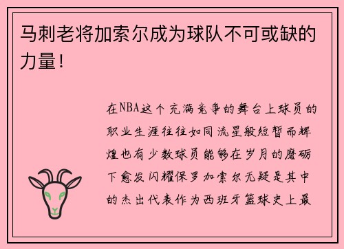 马刺老将加索尔成为球队不可或缺的力量！