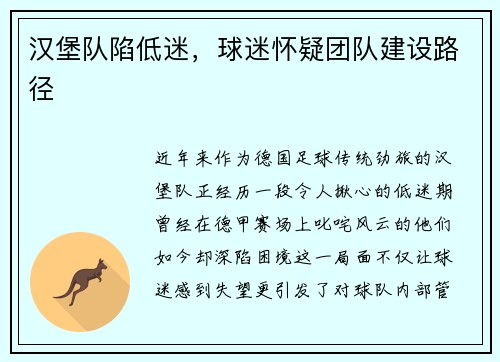 汉堡队陷低迷，球迷怀疑团队建设路径