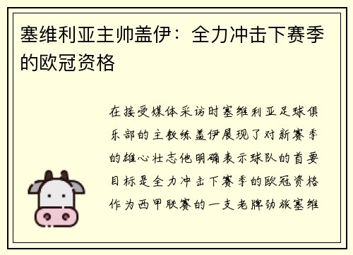 塞维利亚主帅盖伊：全力冲击下赛季的欧冠资格
